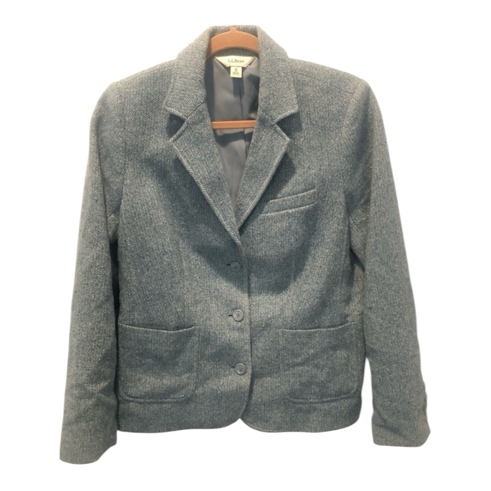 L.L. Bean Blue Herringbone Wool Silk Blend Blazer Size Medium